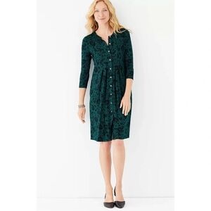 J. Jill Dress Viridian Deco Scroll Green Floral Pleated Button Up Stretch Size L